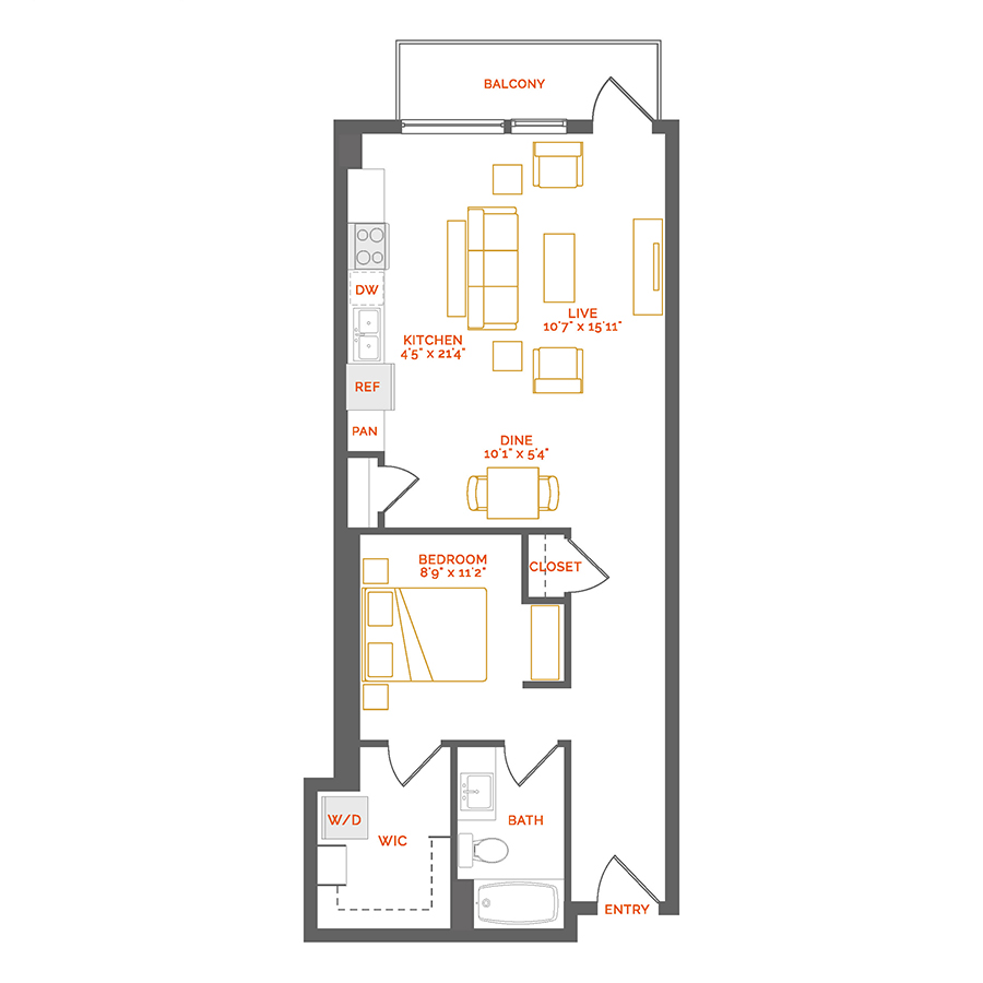 Rendering of the Kermes floor plan with 1 bedroom[s] and 1 bathroom[s] at Coda Cherry Creek