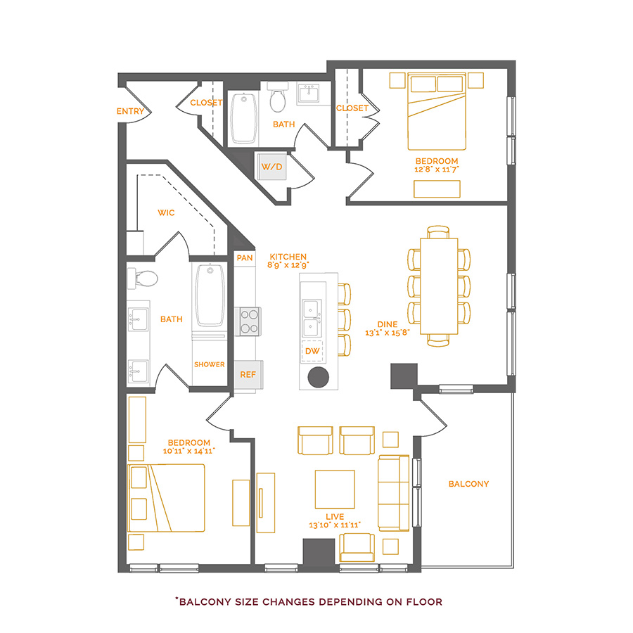 Rendering of the Flavescent floor plan with 2 bedroom[s] and 2 bathroom[s] at Coda Cherry Creek