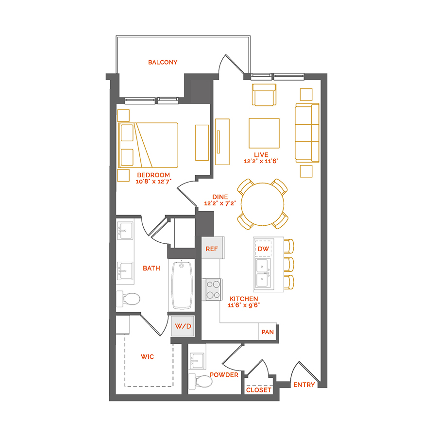 Rendering of the Ponceau floor plan with 1 bedroom[s] and 1.5 bathroom[s] at Coda Cherry Creek